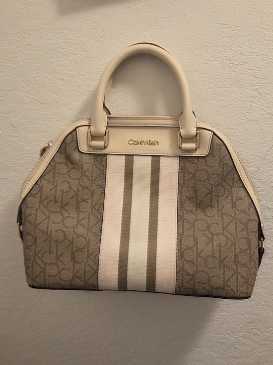 Calvin Klein Handbags - Calvin Klein Tan & Cream Monogram Stripe Satchel